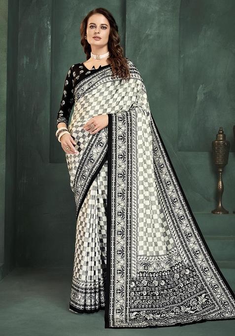 White Position Digital Foil Printed Crepe Silk Saree Set