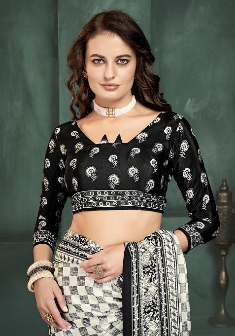 White Position Digital Foil Printed Crepe Silk Saree Set