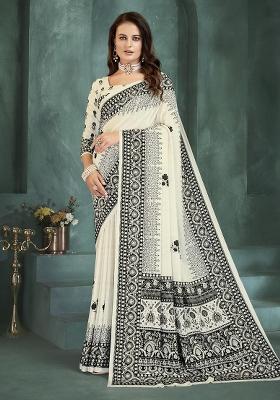 White Position Digital Foil Printed Crepe Silk Saree Set