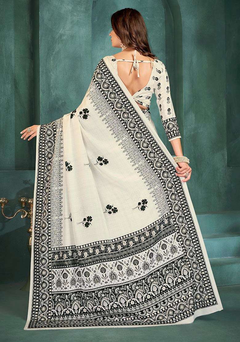White Position Digital Foil Printed Crepe Silk Saree Set - Indya