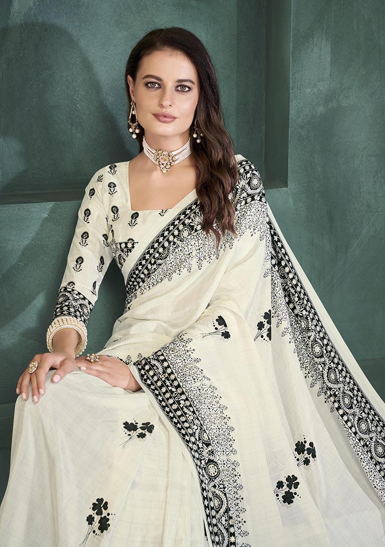 White Position Digital Foil Printed Crepe Silk Saree Set