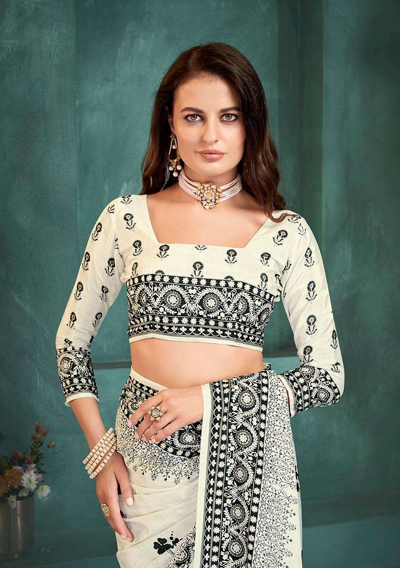 White Position Digital Foil Printed Crepe Silk Saree Set - Indya