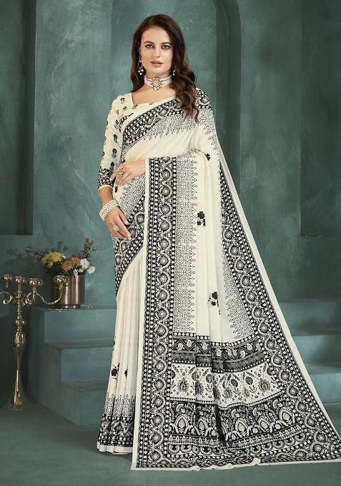White Position Digital Foil Printed Crepe Silk Saree Set