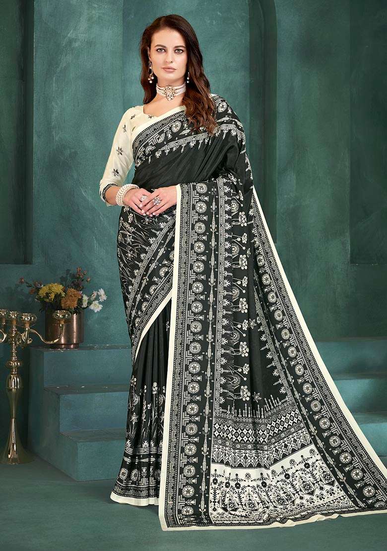 Black Position Digital Foil Printed Crepe Silk Saree Set - Indya