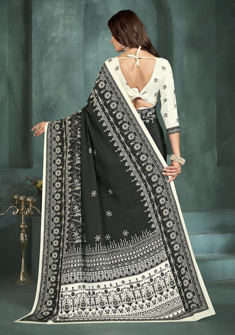 Black Position Digital Foil Printed Crepe Silk Saree Set