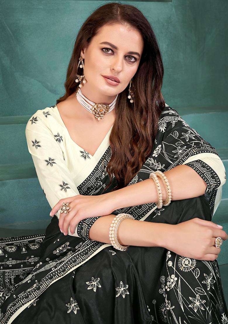 Black Position Digital Foil Printed Crepe Silk Saree Set - Indya