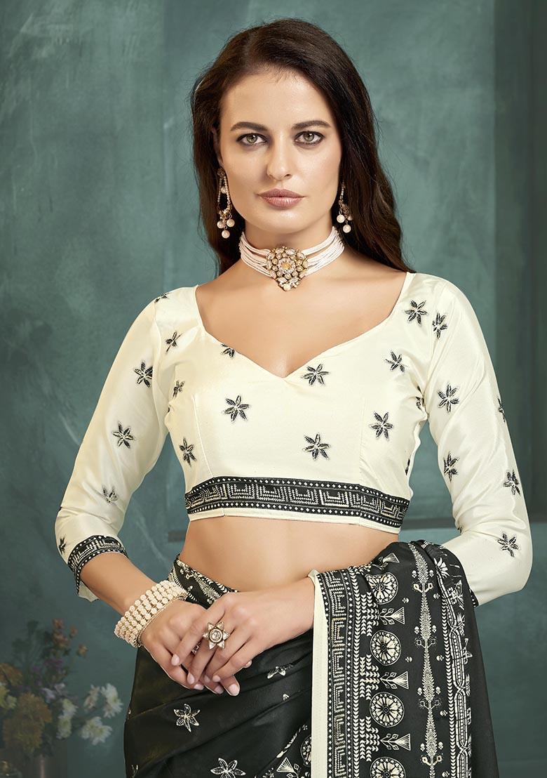 Black Position Digital Foil Printed Crepe Silk Saree Set