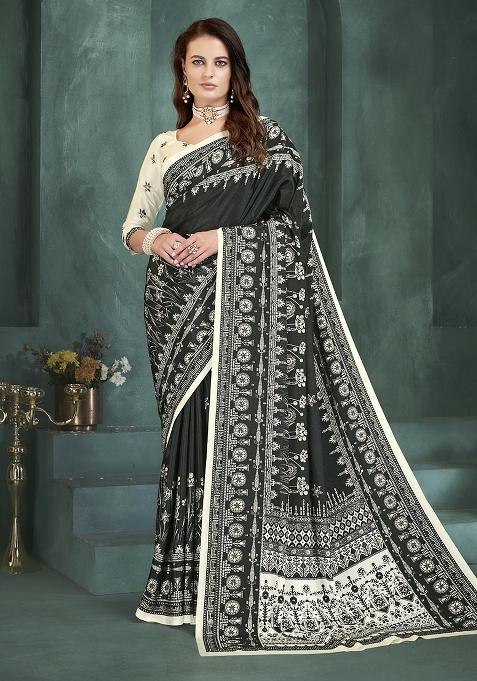 Black Position Digital Foil Printed Crepe Silk Saree Set