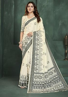 White Position Digital Foil Printed Crepe Silk Saree Set