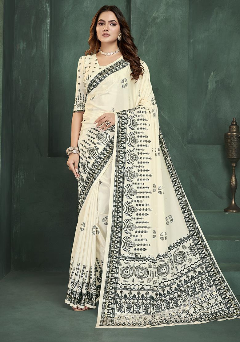 White Position Digital Foil Printed Crepe Silk Saree Set