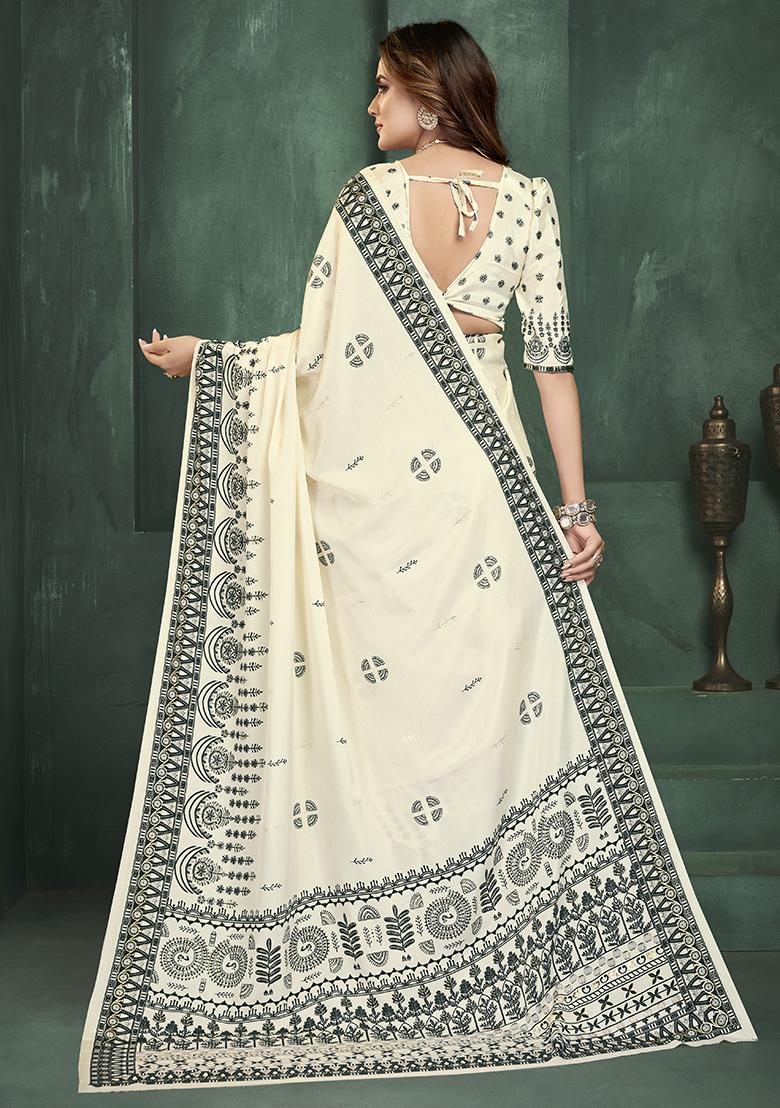 White Position Digital Foil Printed Crepe Silk Saree Set