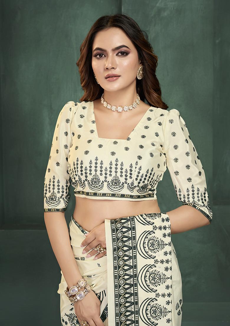 White Position Digital Foil Printed Crepe Silk Saree Set