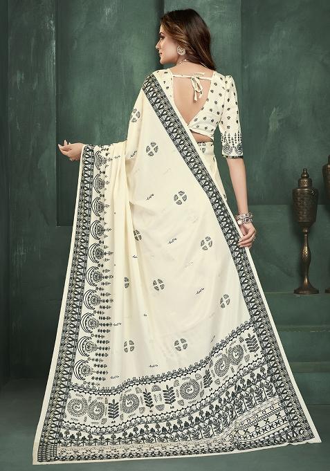 White Position Digital Foil Printed Crepe Silk Saree Set