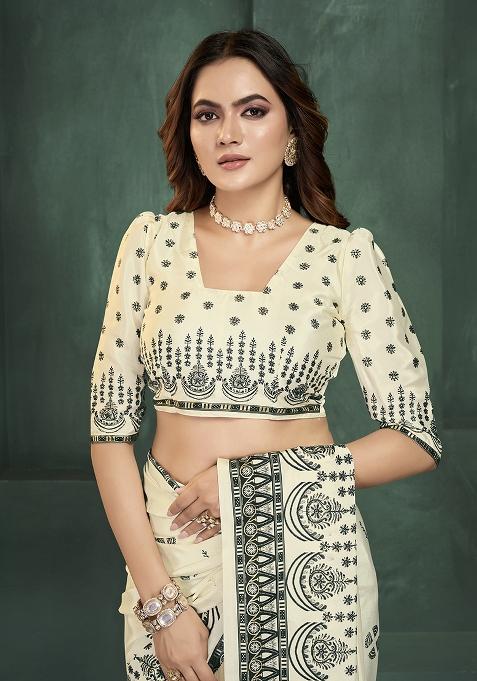 White Position Digital Foil Printed Crepe Silk Saree Set