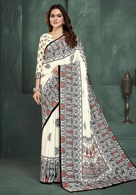 White Position Digital Foil Printed Crepe Silk Saree Set