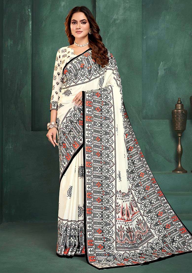 White Position Digital Foil Printed Crepe Silk Saree Set - Indya