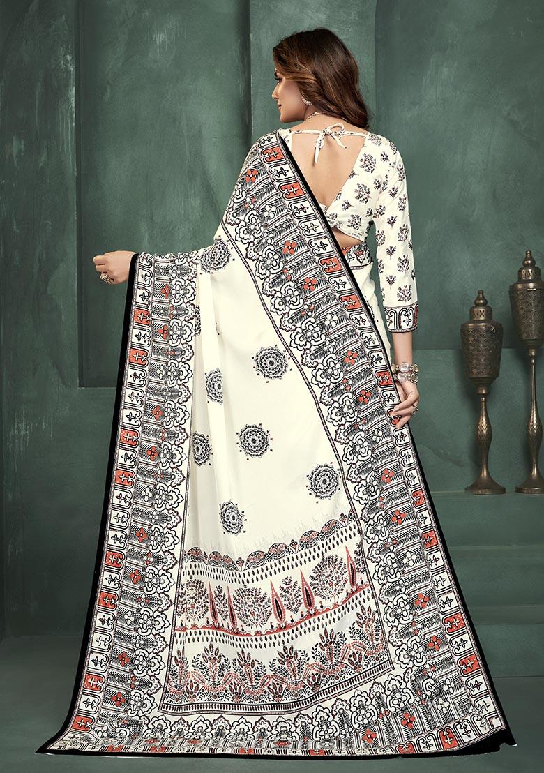 White Position Digital Foil Printed Crepe Silk Saree Set