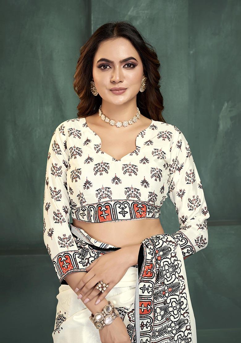 White Position Digital Foil Printed Crepe Silk Saree Set