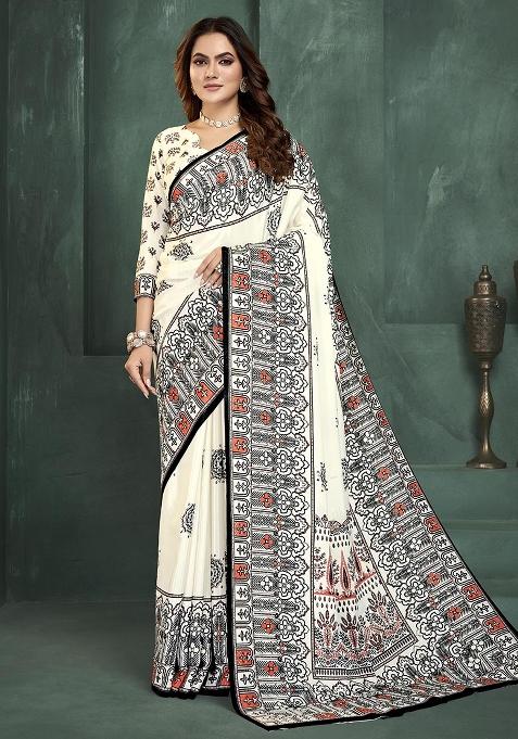 White Position Digital Foil Printed Crepe Silk Saree Set