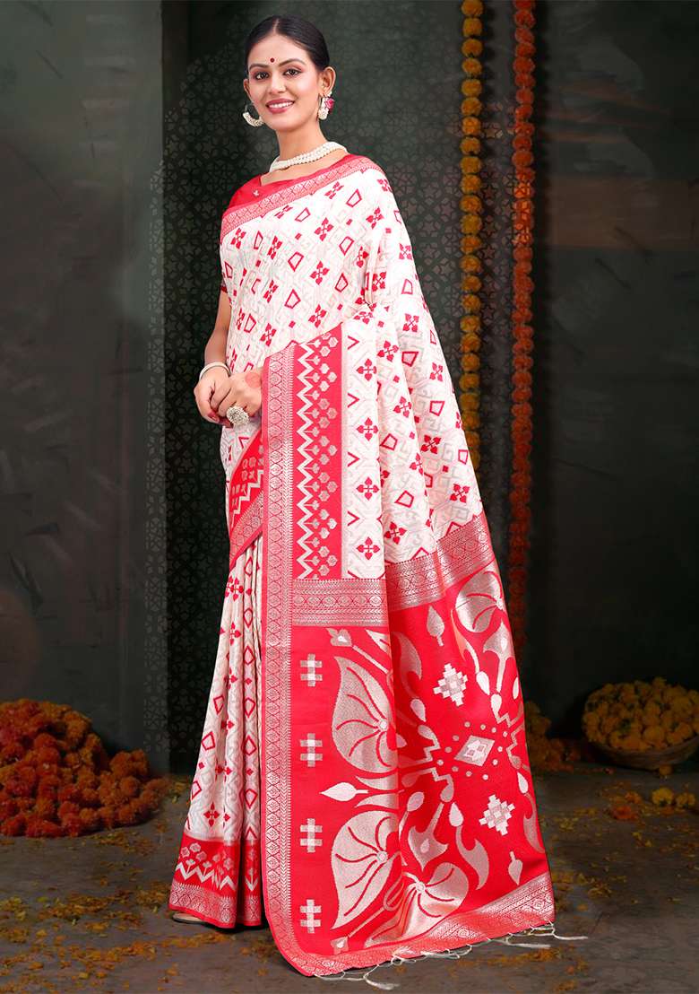 White  And  Red Wevon Jacquard Designer Linen Cotton Saree Set - Indya