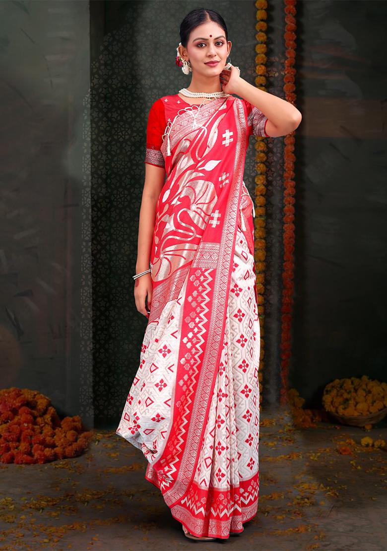 White  And  Red Wevon Jacquard Designer Linen Cotton Saree Set