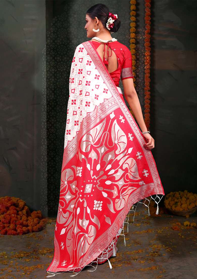 White  And  Red Wevon Jacquard Designer Linen Cotton Saree Set - Indya