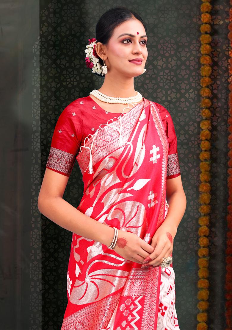 White  And  Red Wevon Jacquard Designer Linen Cotton Saree Set