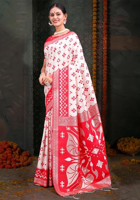 White  And  Red Wevon Jacquard Designer Linen Cotton Saree Set