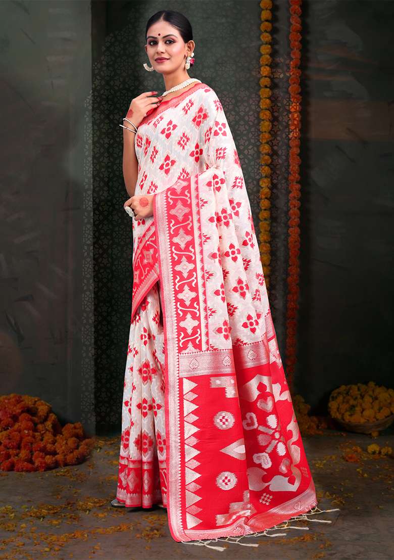 White  And  Red Wevon Jacquard Designer Linen Cotton Saree Set - Indya