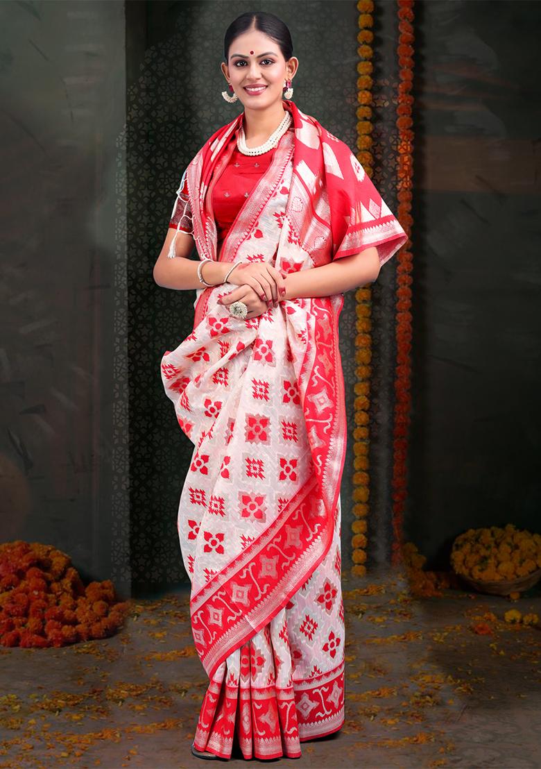 White  And  Red Wevon Jacquard Designer Linen Cotton Saree Set