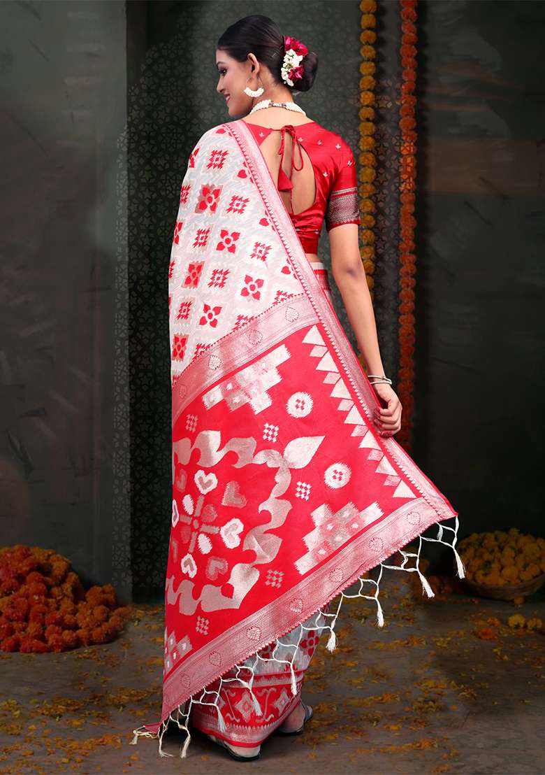 White  And  Red Wevon Jacquard Designer Linen Cotton Saree Set - Indya