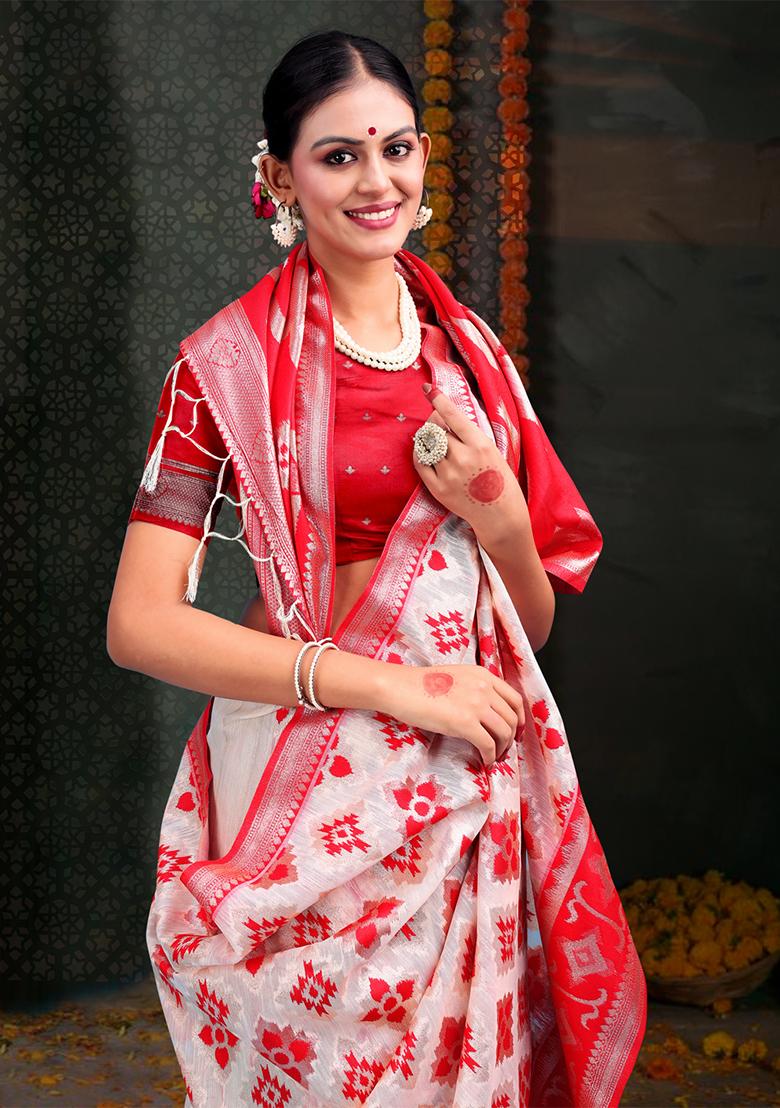 White  And  Red Wevon Jacquard Designer Linen Cotton Saree Set