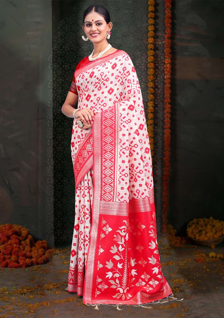 White  And  Red Wevon Jacquard Designer Linen Cotton Saree Set - Indya