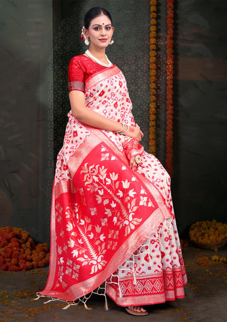 White  And  Red Wevon Jacquard Designer Linen Cotton Saree Set