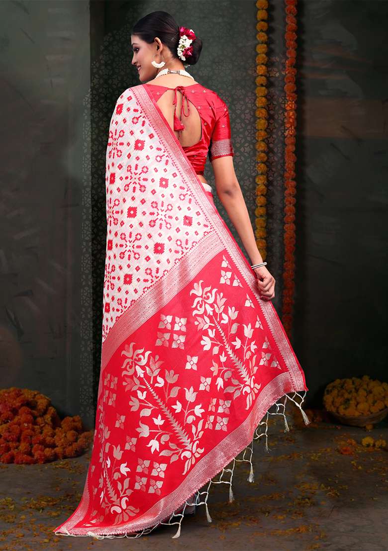 White  And  Red Wevon Jacquard Designer Linen Cotton Saree Set - Indya
