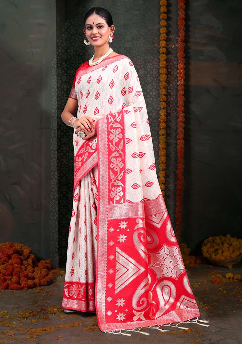 White  And  Red Wevon Jacquard Designer Linen Cotton Saree Set - Indya