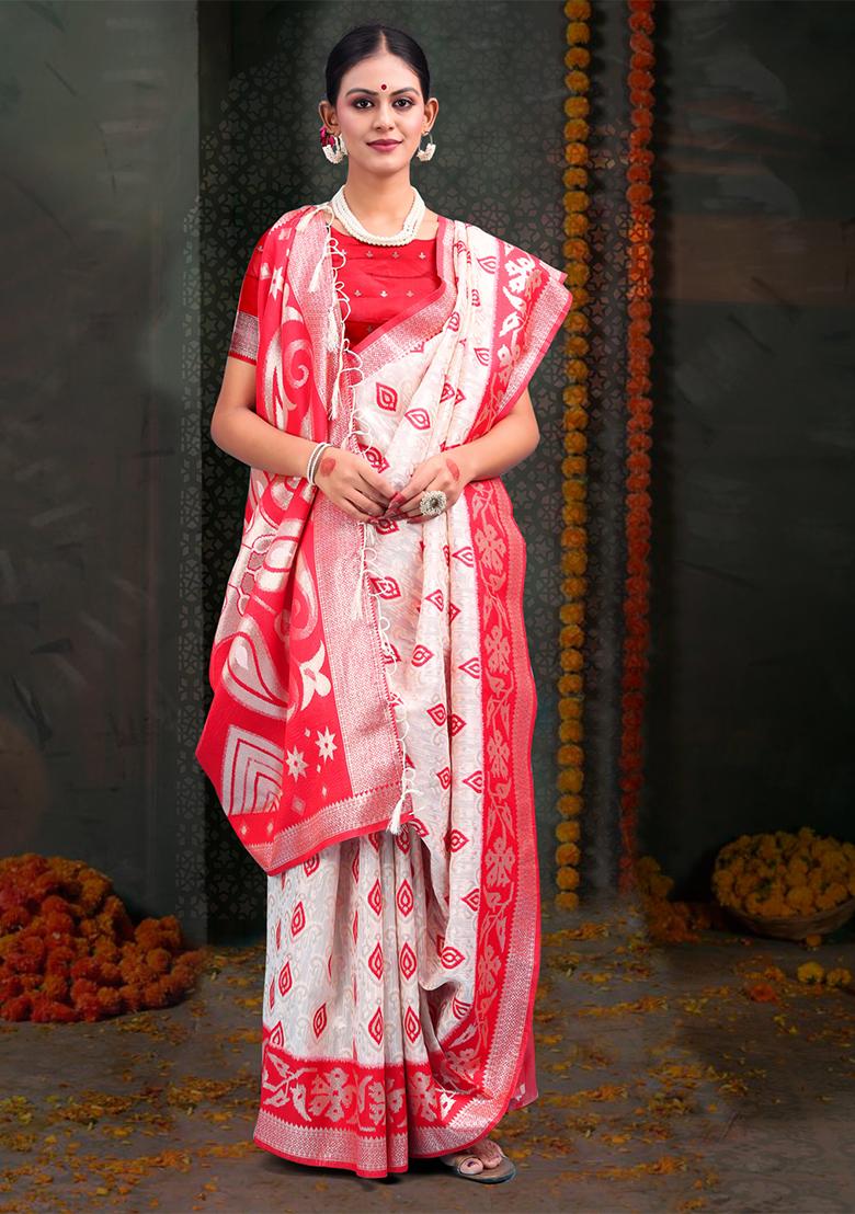 White  And  Red Wevon Jacquard Designer Linen Cotton Saree Set