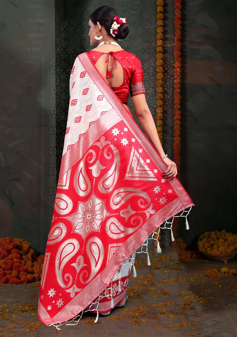 White  And  Red Wevon Jacquard Designer Linen Cotton Saree Set - Indya