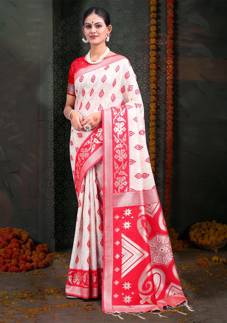 White  And  Red Wevon Jacquard Designer Linen Cotton Saree Set