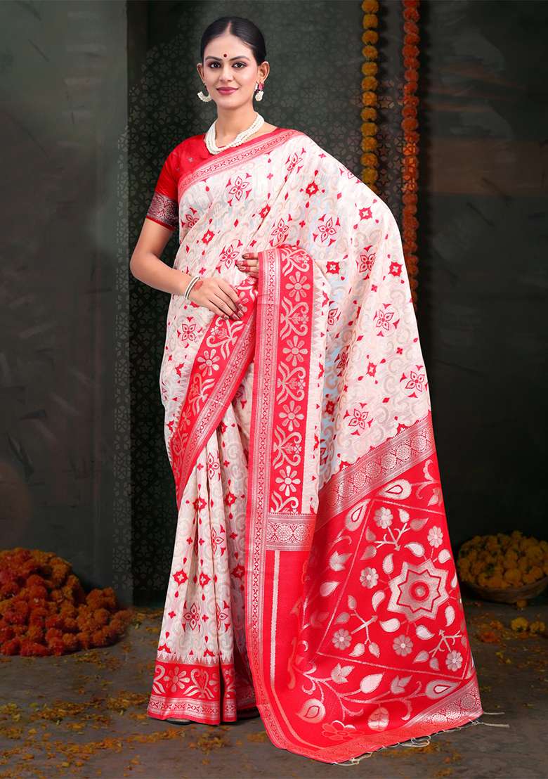 White  And  Red Wevon Jacquard Designer Linen Cotton Saree Set - Indya