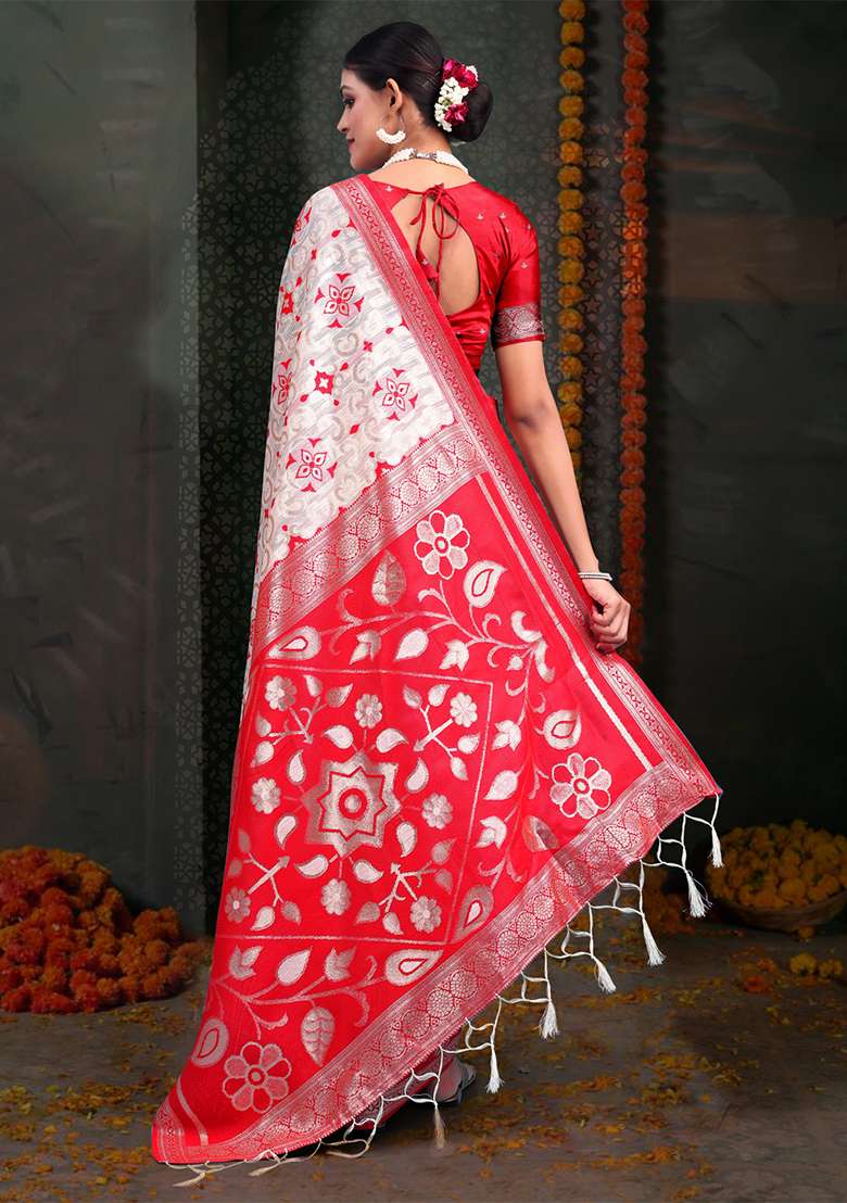 White  And  Red Wevon Jacquard Designer Linen Cotton Saree Set - Indya