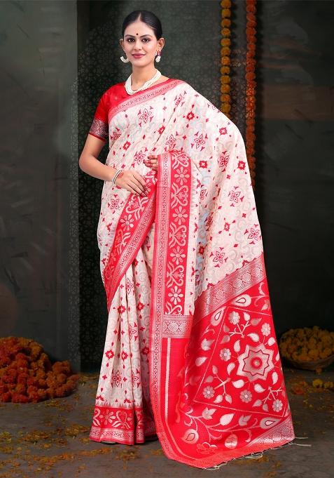 White  And  Red Wevon Jacquard Designer Linen Cotton Saree Set