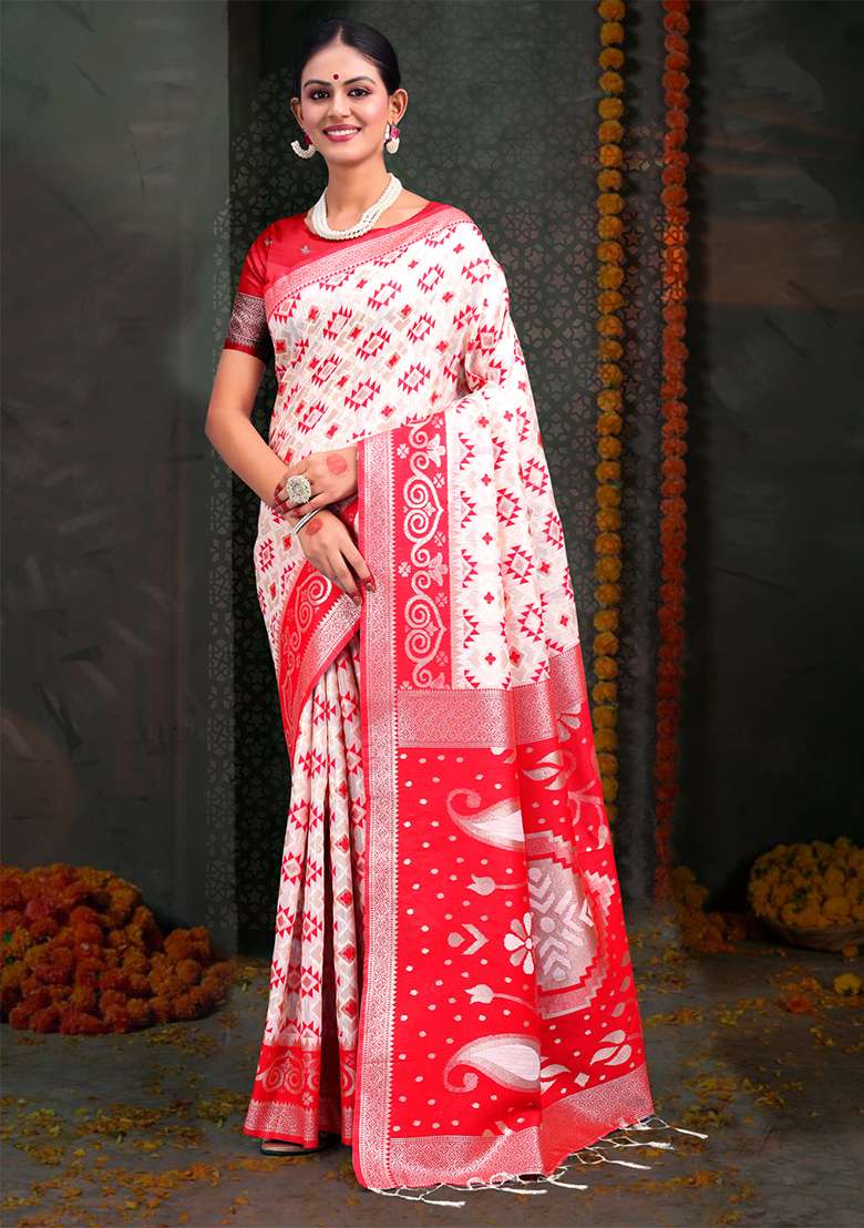 White  And  Red Wevon Jacquard Designer Linen Cotton Saree Set - Indya