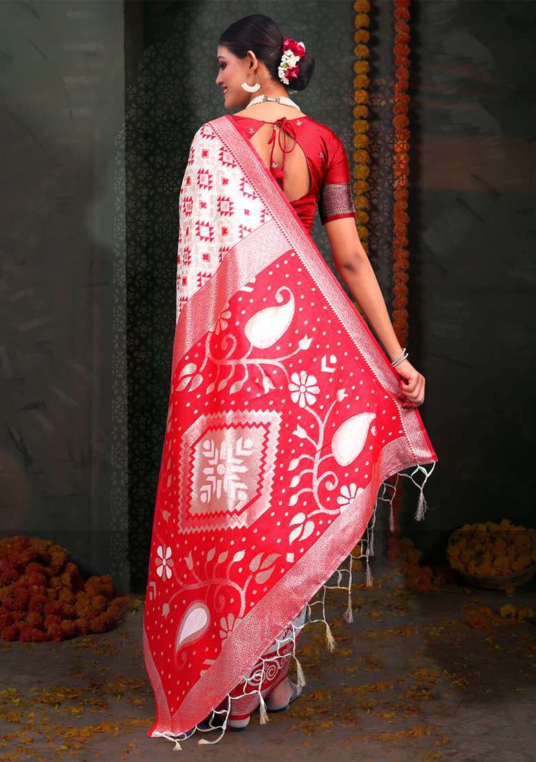 White  And  Red Wevon Jacquard Designer Linen Cotton Saree Set - Indya