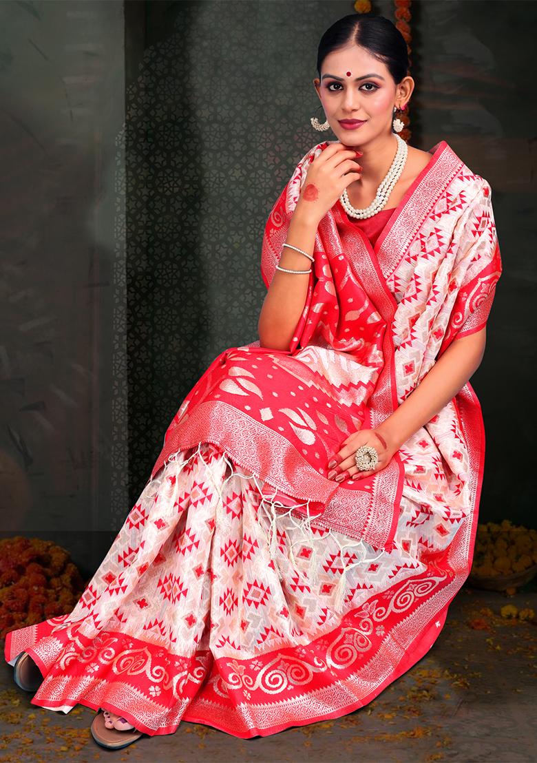 White  And  Red Wevon Jacquard Designer Linen Cotton Saree Set