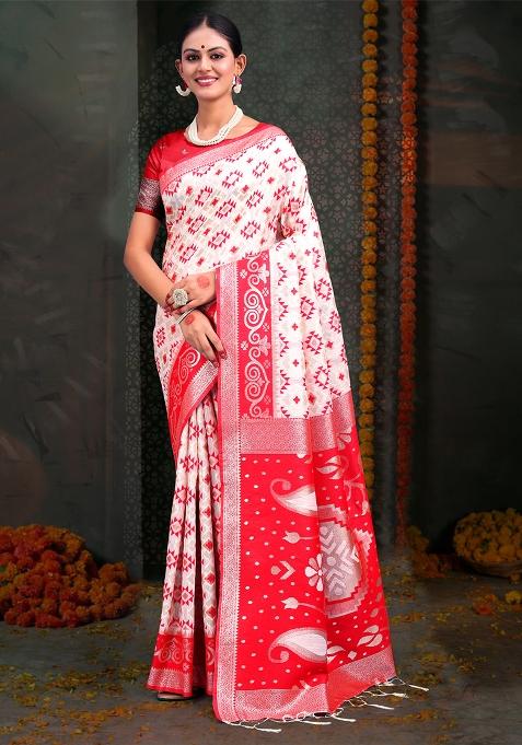White  And  Red Wevon Jacquard Designer Linen Cotton Saree Set