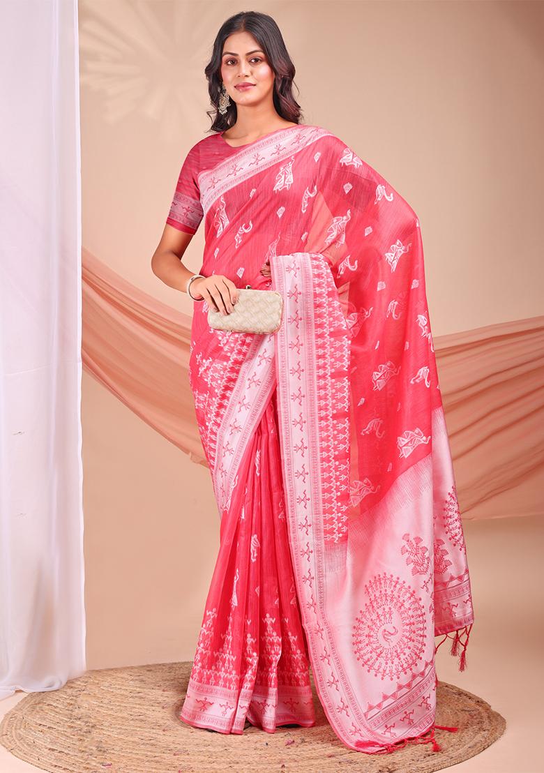 Pink Wevon Jacquard Designer Linen Cotton Saree Set
