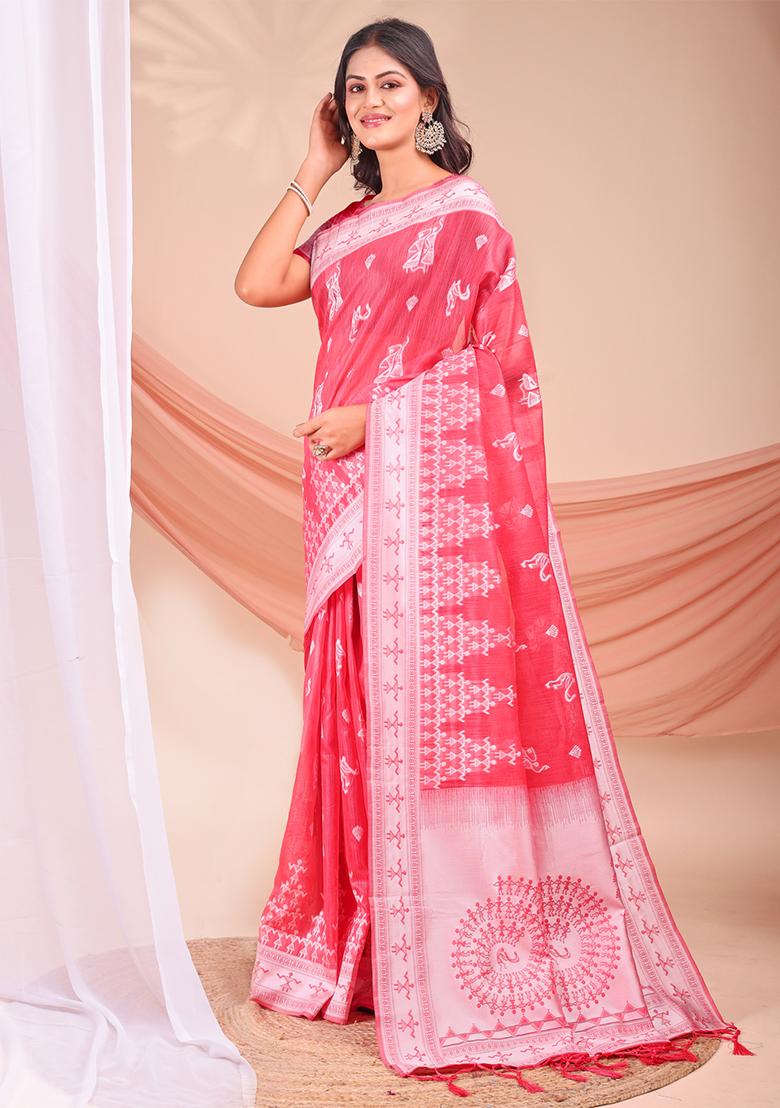 Pink Wevon Jacquard Designer Linen Cotton Saree Set