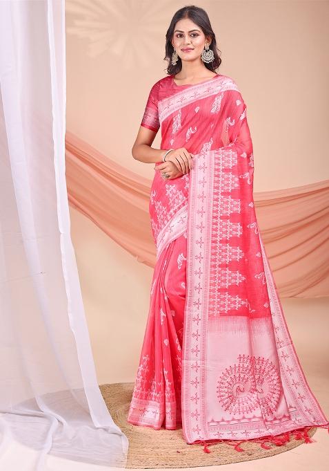 Pink Wevon Jacquard Designer Linen Cotton Saree Set