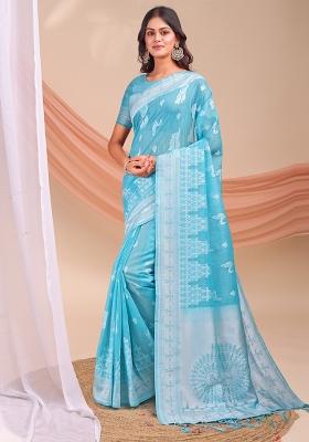 Sky Blue Wevon Jacquard Designer Linen Cotton Saree Set